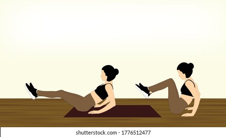 A women is doing an abs workout routine. She is performing a Sitting Crunch exercise on her mat at home with no equipment.