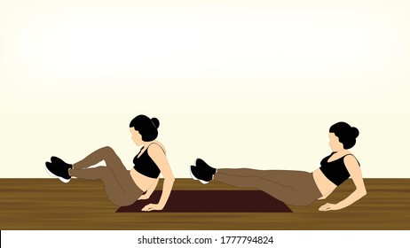 Una mujer está haciendo una rutina de entrenamiento de abs. Ella está realizando un ejercicio de corte oblicuo derecho sobre su alfombra en casa sin equipo.