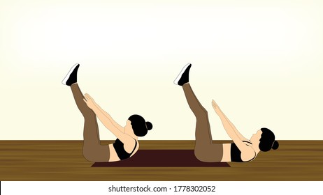 A women is doing an abs workout routine. She is performing a sleeping toe reach crunch exercise on her mat at home with no equipment.