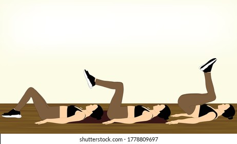 A women is doing an abs workout routine. She is performing a sleeping roll in exercise on her mat at home with no equipment.