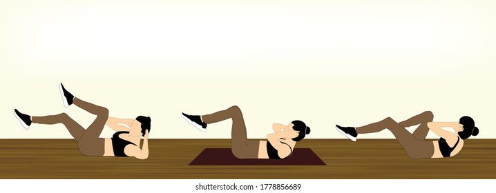 A women is doing an abs workout routine. She is performing a sleeping bicycle crunch exercise on her mat at home with no equipment.