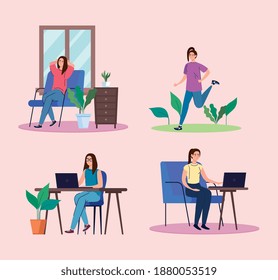 Women doing activities set design of telecommuting and activity theme Vector illustration