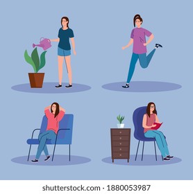 Women doing activities set design of telecommuting and activity theme Vector illustration