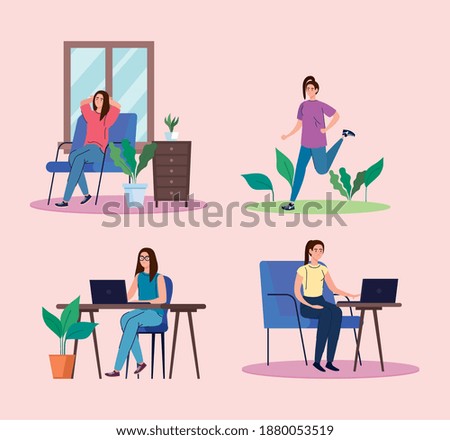 Women doing activities set design of telecommuting and activity theme Vector illustration