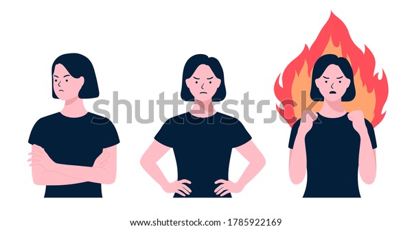 Women doing a angry gesture set. arguing\
women. Angry lady yelling, Person loosing temper in conflict. Girl\
argument, Negative emotions. annoyed people, Flat style vector\
design illustrations.