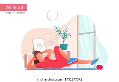 Women doing bicycle crunches exercise, working out at home in front the windows. Woman doing workout indoor. Yoga and fitness at home, healthy and wellness lifestyle. Flat vector illustration