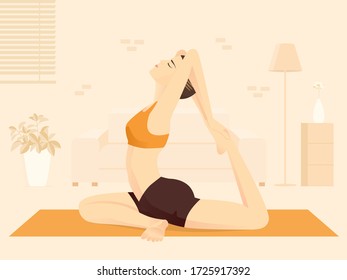 Women doing body Strengthening exercise with Yoga in the living room of her home. Illustration about the New normal of home fitness for Practice meditation.