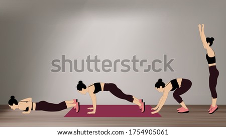 Women doing burpee time - a high intense cardio workout at home with no equipment.