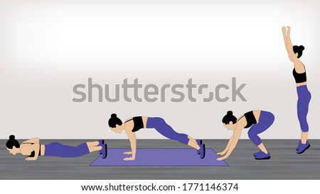 Women doing burpee time - a high intense cardio workout at home with no equipment.