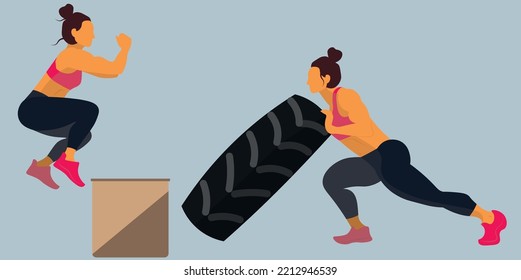 Women doing circuit, functional training. Woman jumping on the box and lift up a wheel. Vector illustration.