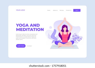 Women doing daily Yoga and Meditation for good health and peace of mind web landing page. Stay Healthy. Vector Illustration.
