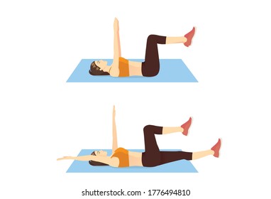 Women doing Dead bug workout on blue mat in 2 step. Exercise pose for runner which target on spine, obliques, abdominal muscles.