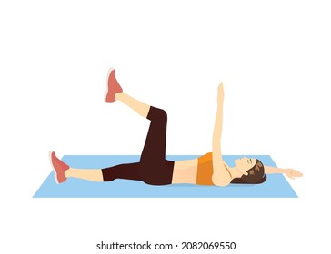 Women doing Dead bug workout on the blue mat. Exercise poses for the muscle target on the spine, obliques, abdominal muscles.