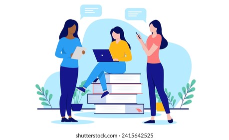 Women doing digital tech work - Team of three female characters using computer, tablet and phone, talking and doing research together. Flat design vector illustration with white background