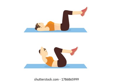 Women doing Double Crunches exercise on blue mat for flat belly. Illustration about workout for strong abdominal.