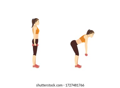 Women doing dumbbell deadlift workout in 2 steps to target lower body resistance training. Illustration about easy Fitness during stay at home.