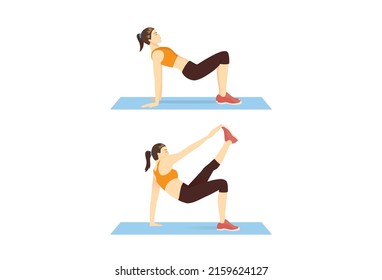 Women doing Exercise with Crab Toe Touches pose in 2 steps. Illustration about workout diagram to Abs, Calves, Obliques muscle.