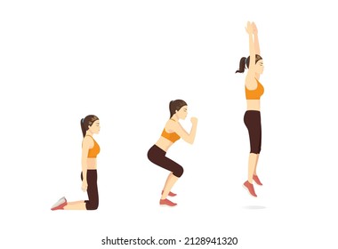 Women Doing Exercise With Knee To Jump Squats. Workout Diagram For A Target On Glutes And Hip Flexors, Quadriceps.