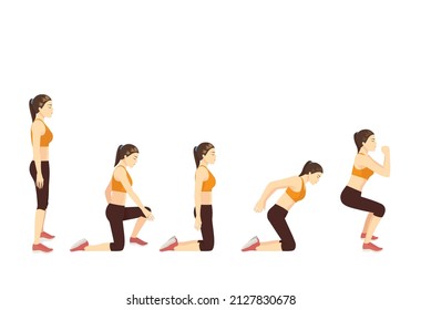 Women doing exercise with Knee to squat. Workout diagram for a target on Upper Legs, Quads, Hamstrings.