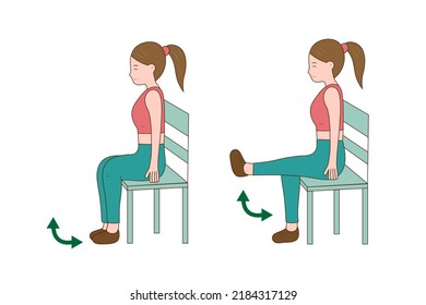 women doing exercise on chair and lifting ankle for improve muscle strength and flexibility.Physical training.workout.Vector.illustration.