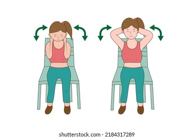 women doing exercise on chair and lifting shoulder for improve muscle strength and flexibility. Physical training.workout.Vector.illustration.