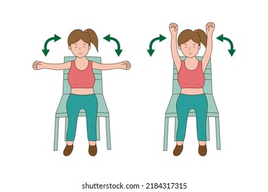 women doing exercise on chair and lifting hand for improve muscle strength and flexibility. Physical training.workout.Vector.illustration.