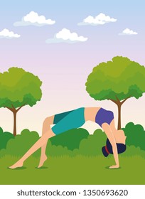 women doing exercise with trees and bushes