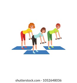 Women doing exercises for hands and back with dumbbells. Three young girls in fitness center. Active workout. Cartoon people in sports uniform. Flat vector design