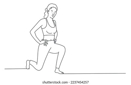 Women doing exercises with the knee forward, exercises on leg muscles and joints. Hand drawn vector illustration.