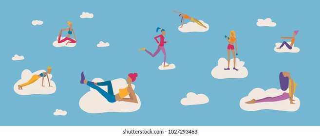 Women doing exercises on the clouds in the sky. Vector illustration women sports. 