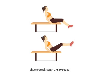 Women Doing Fitness With Flat Bench Lying Leg Raise In 2 Steps. Exercise Diagram Target Muscles On Abdominals Area.