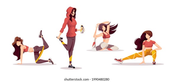 Women doing fitness training. Sport, Workout, Healthy lifestyle, Gym, Fitness, Yoga, Training concept. Isolated vector illustration for poster, banner, advertising.