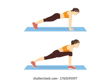 Women doing Groiners Exercise to strengthen the hips and core in 2 steps. Illustration about fitness for therapy hip pain.