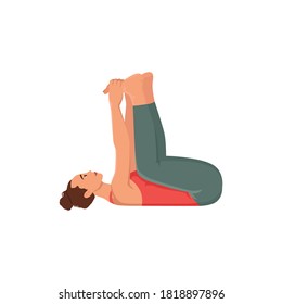 Women Doing Happy Baby, Dead Bug Yoga Pose. Ananda Balasana. Flat Vector Illustration Isolated On White Background