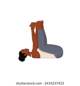 Women doing happy baby, dead bug yoga pose. Ananda Balasana. Flat vector illustration isolated on white background