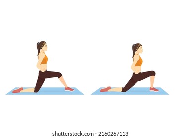 Mujeres haciendo Hip Flexor Stretch posan para el ejercicio. en dos pasos. Ilustración sobre el diagrama de entrenamiento para relajar músculos en la pierna, cosa, cadera, columna vertebral.