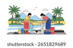 Women doing laundry by a river in a tropical setting surrounded by lush vegetation
