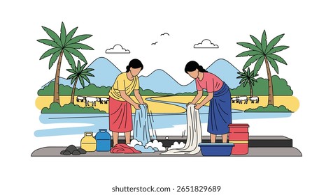 Mulheres lavam roupa suja perto de um rio em um cenário tropical cercado por vegetação exuberante