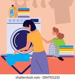 women doing laundry with wash machine