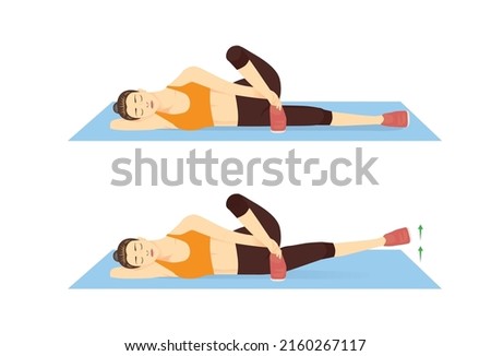 Women doing Lying Crossover Leg Lift Exercise in 2 steps. Illustration about workout diagram for muscles stretch, leg, thing, hip.