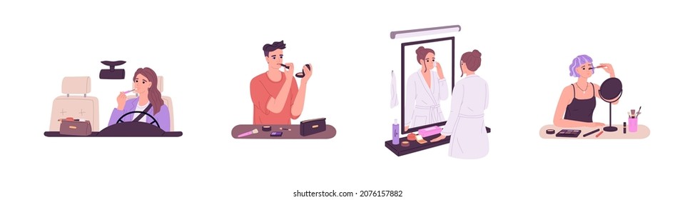 Women Doing Makeup Set. Beauty Routine In Front Of Mirror With Cosmetic Bag, Applying Mascara, Lipstick And Powder For Eyes, Lips, Skin Make-up. Flat Vector Illustration Isolated On White Background