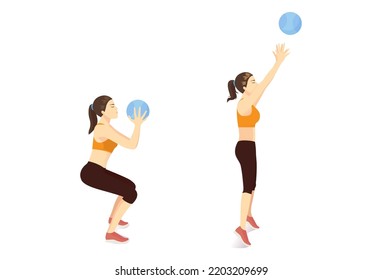 Women doing Medicine Ball Toss Up Exercise. Start with a squat pose and Toss the ball above the head catch the ball and rep. Work out with light gym equipment.