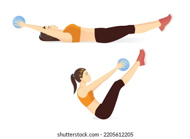 Women doing Medicine ball V up Exercise. Work out to reduce belly with light gym equipment.