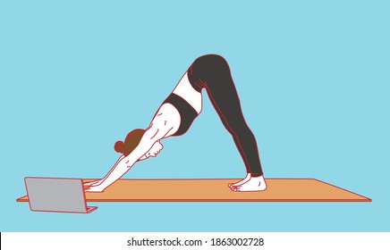 Women doing online yoga　vector illustration