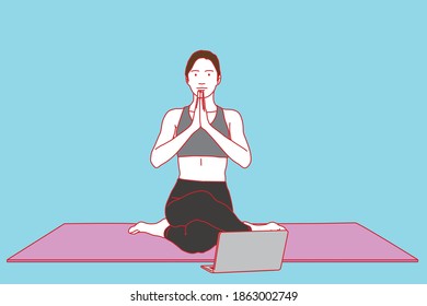 Women doing online yoga　vector illustration