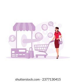 Women doing online shopping. Image of hand from mobile phone catching coins. Cash Back concept. Trend Modern vector flat illustration