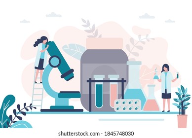 Women doing pharmaceutical research. Group of pharmacists is developing new drug. Female character looking through large microscope. Concept of pharmaceutics and medicine. Flat vector illustration