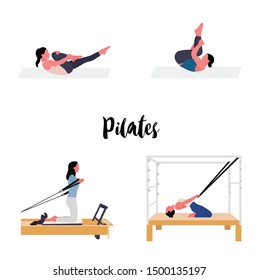 Women doing pilates with equipment -pilates reformer and cadillac