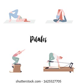Women Doing Pilates With Equipment -pilates Reformer And Chair