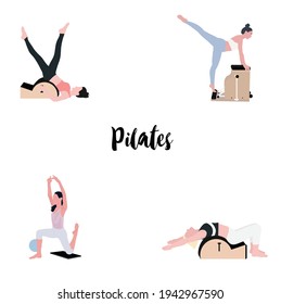 Women doing pilates with equipment -pilates spine corrector and chair